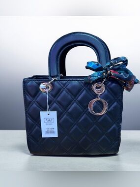 Wendy Keen Quilted Black Satchel with Scarf Accent and Ring Charm